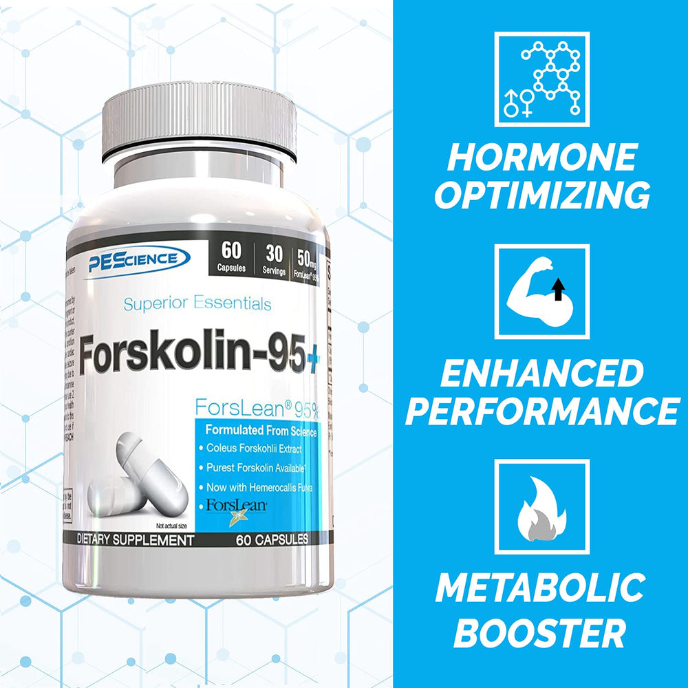 PEScience Forskolin-95 label closeup emphasizes 95% purity and dosage.