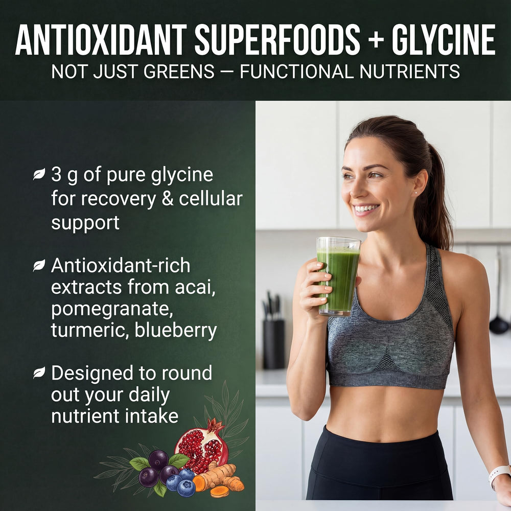 PEScience Greens antioxidant blend bottle showcases natural phytonutrients.