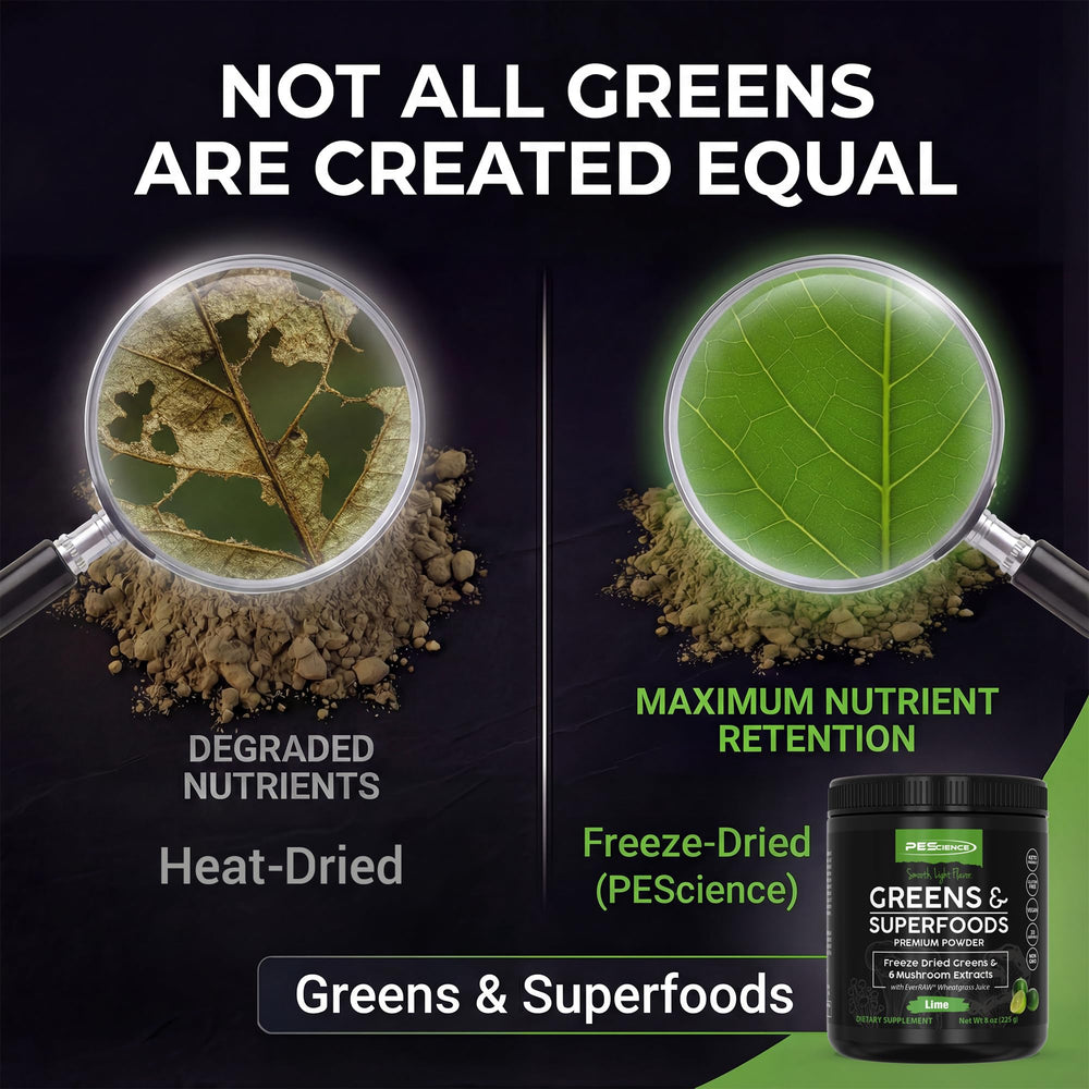 PEScience Greens freeze-dried kale and spinach preserve nutrients.