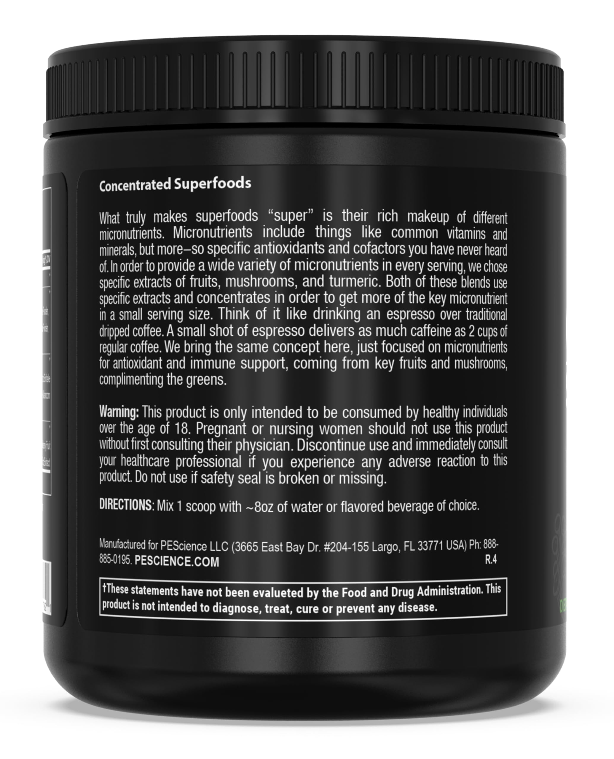 PEScience Greens vegan and gluten-free label signals clean, third-party tested nutrition.