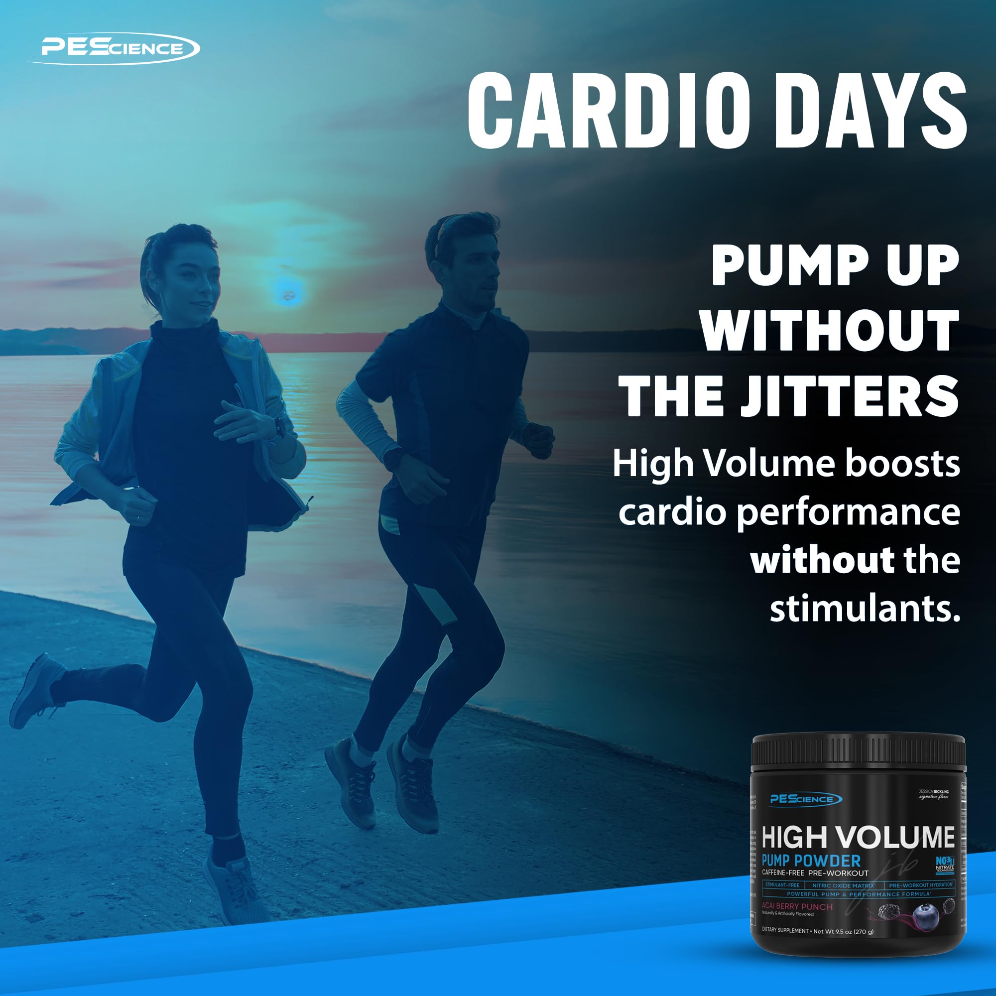 PEScience High Volume gym scene illustrating a non-stim pre-workout in action