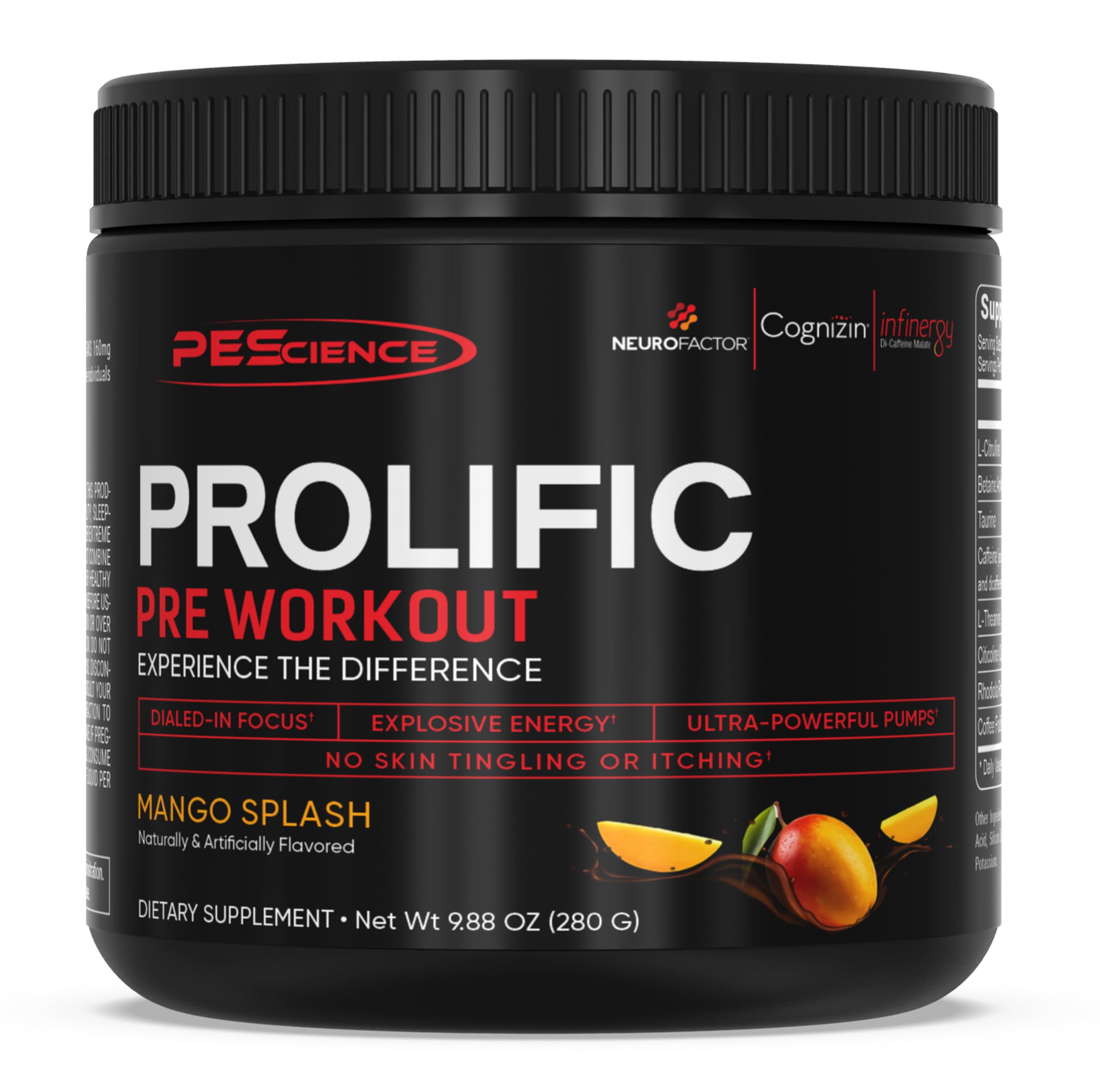 PEScience Prolific preworkout mango splash tub for sustained workout energy.
