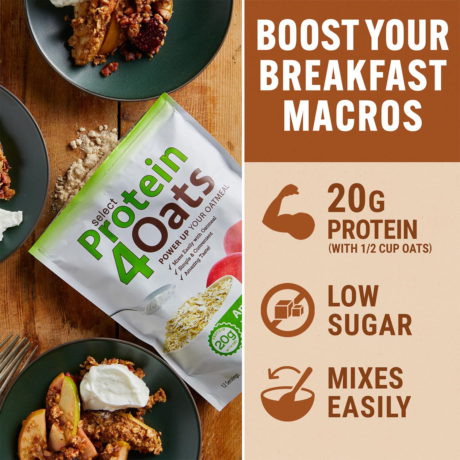 PEScience Protein4Oats con cuchara medidora, añade proteína sin esfuerzo a la avena.