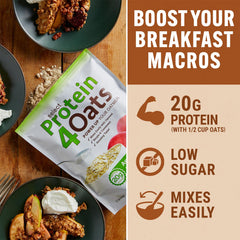 PEScience Protein4Oats con cuchara medidora, añade proteína sin esfuerzo a la avena.