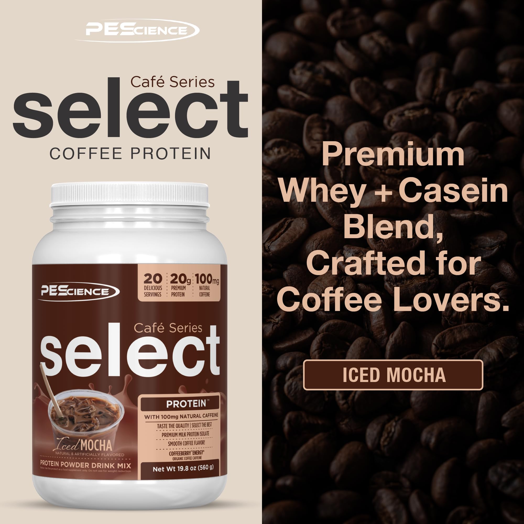 PEScience Select Cafe iced coffee prep with 20g protein per serving