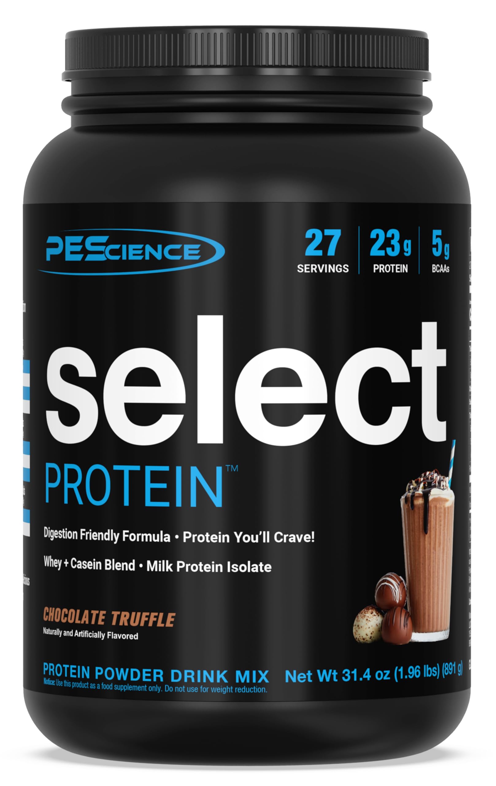 PEScience Select Protein Powder chocolate truffle bottle pour showing a high-protein, low-calorie shake