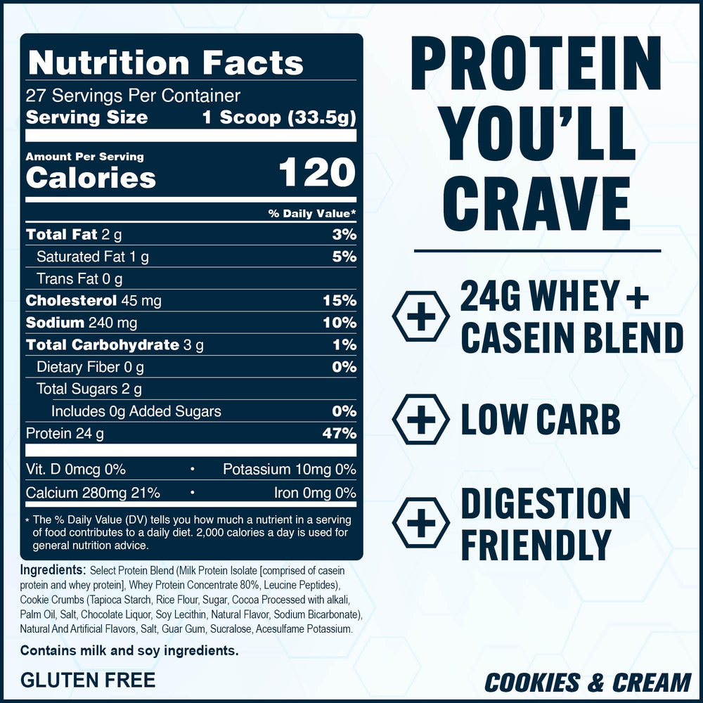 PEScience Select Cookies and Cream powder being poured for a quick, delicious shake.