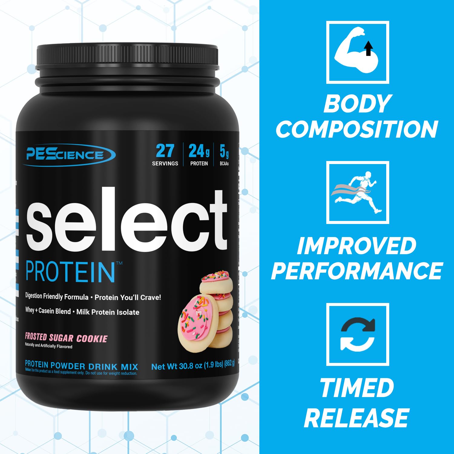 PEScience Select Protein tub closeup confirms premium milk protein isolate.
