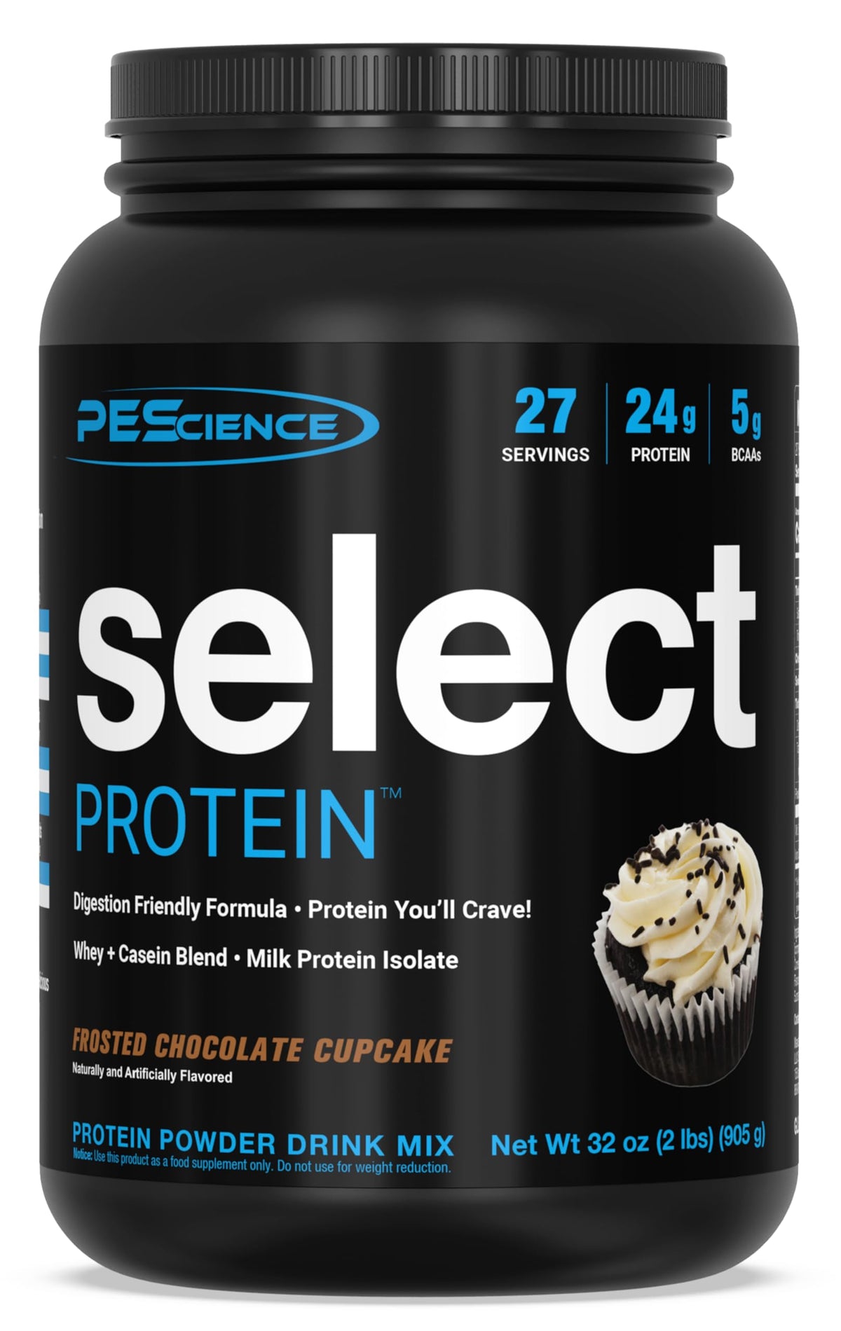 PEScience Select Protein Powder Frosted Chocolate Cupcake tub front label promotes a smooth shake