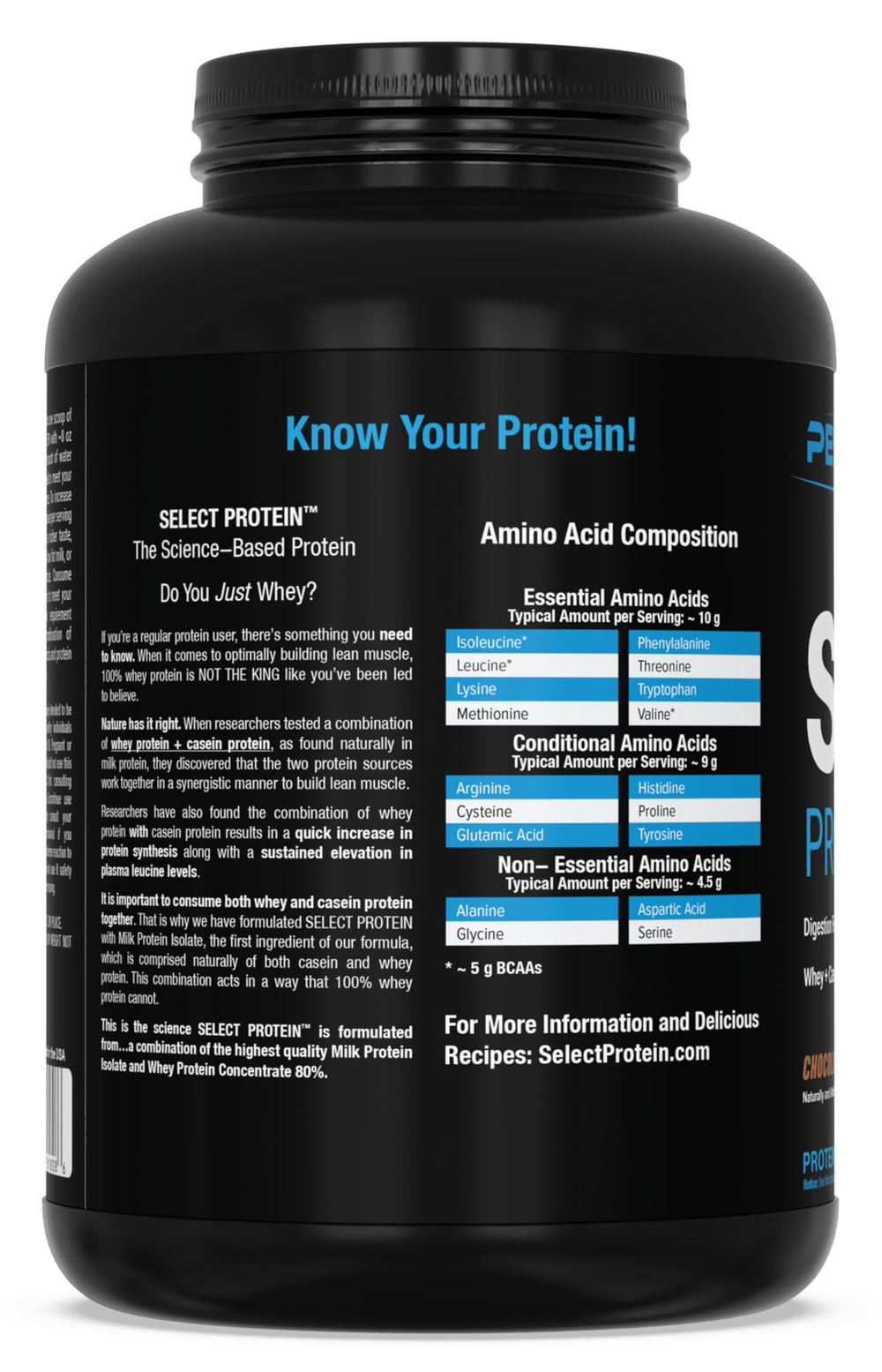 PEScience Select protein tub with measuring scoop for portion control