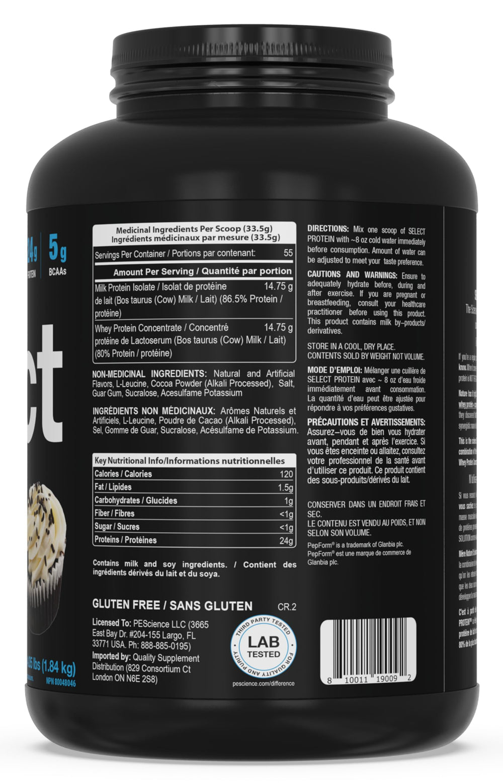 PEScience Select Protein Powder package and branding highlighting keto-friendly and gluten-free.
