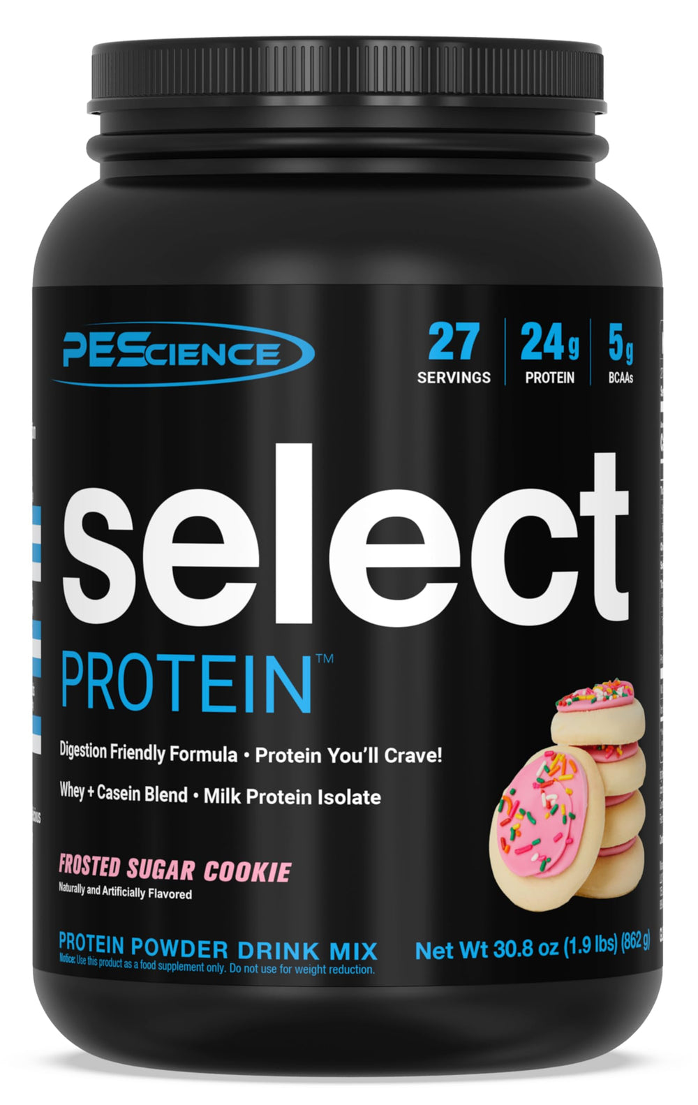 PEScience Select Protein tub front shows keto-friendly blend and high protein per serving.
