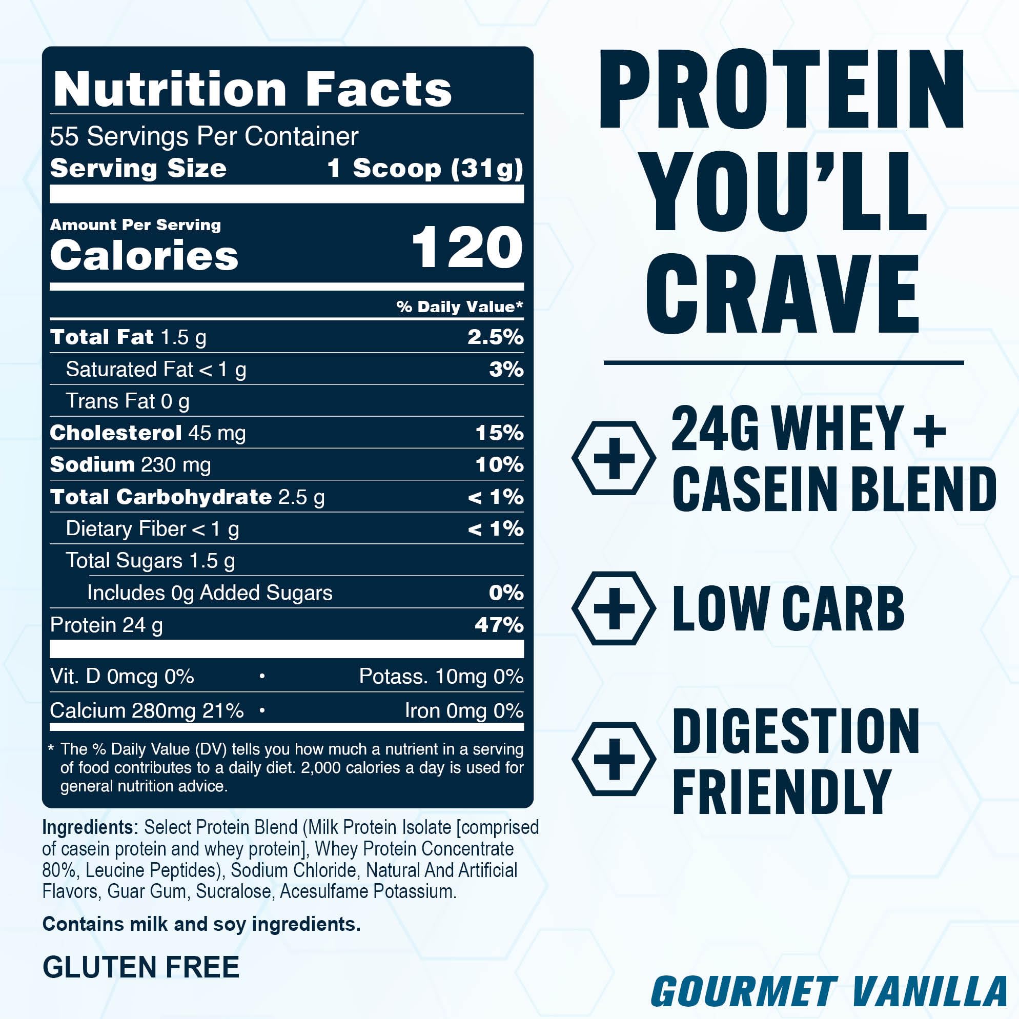PEScience Select Vanilla tub front emphasizes low calories and low carbs.