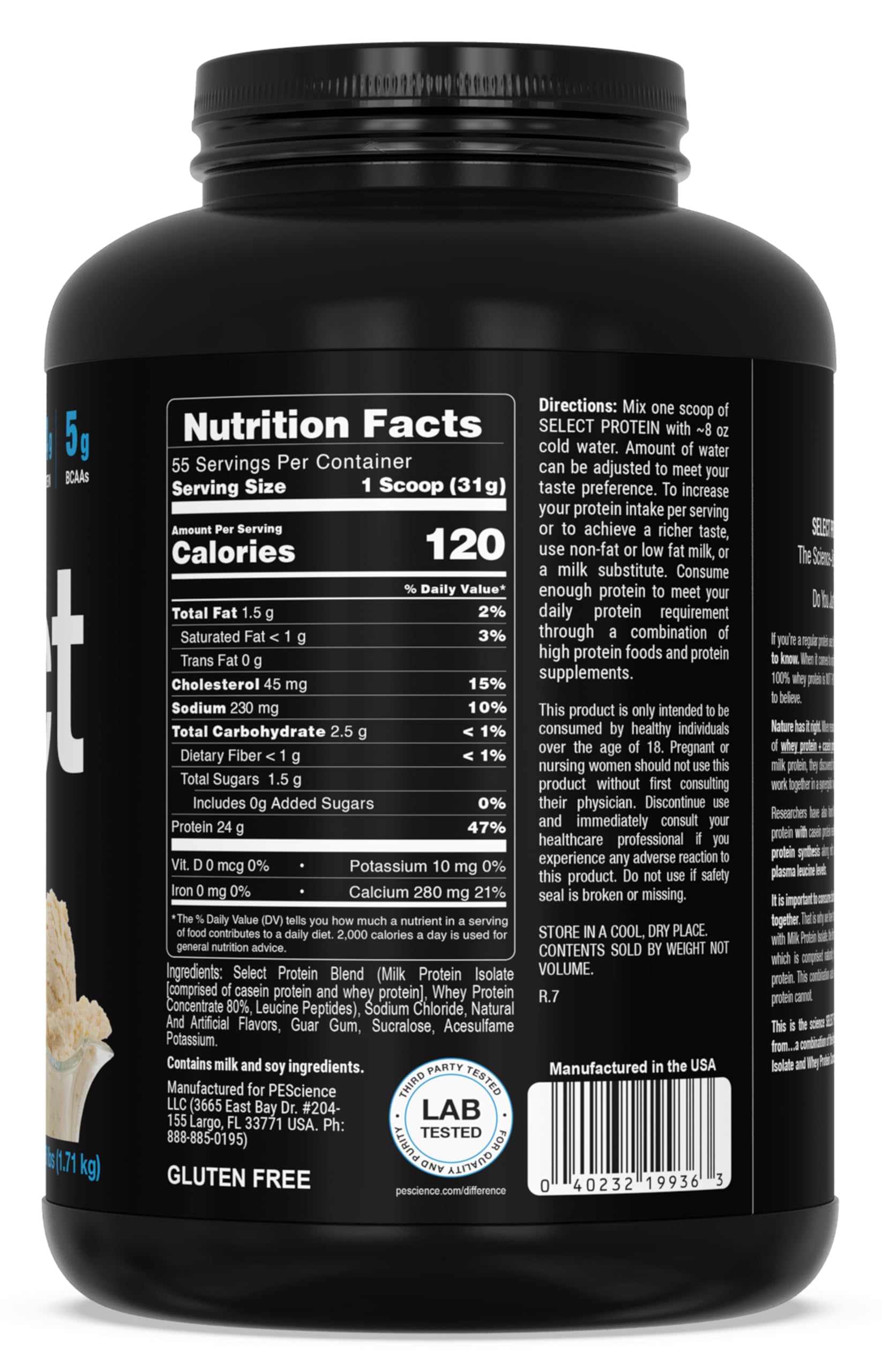 PEScience Select Vanilla tub top notes gluten-free and keto-friendly attributes.