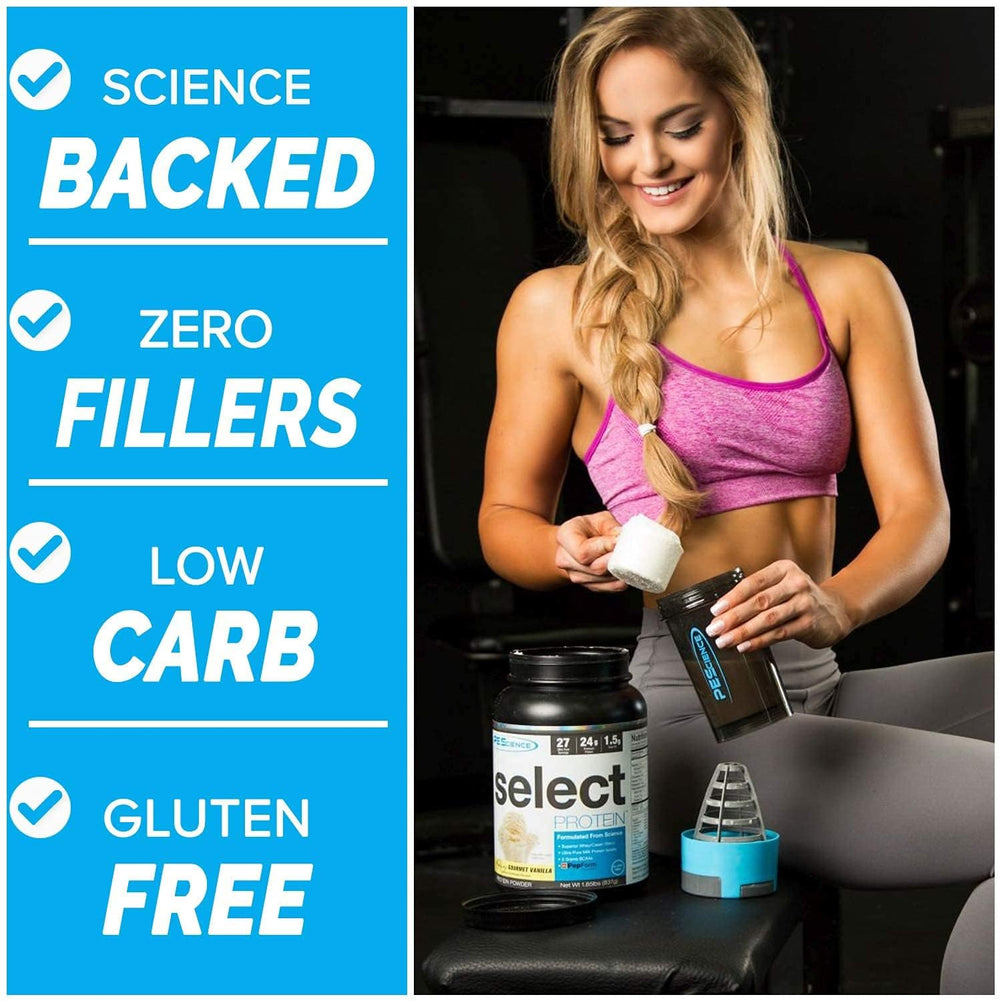 PEScience Select tub beside a measuring cup for planned daily protein intake.