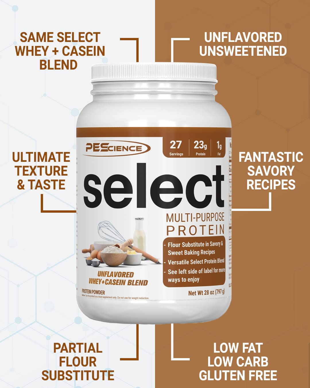 PEScience Select unflavored protein scoop pouring for easy mixing in beverages