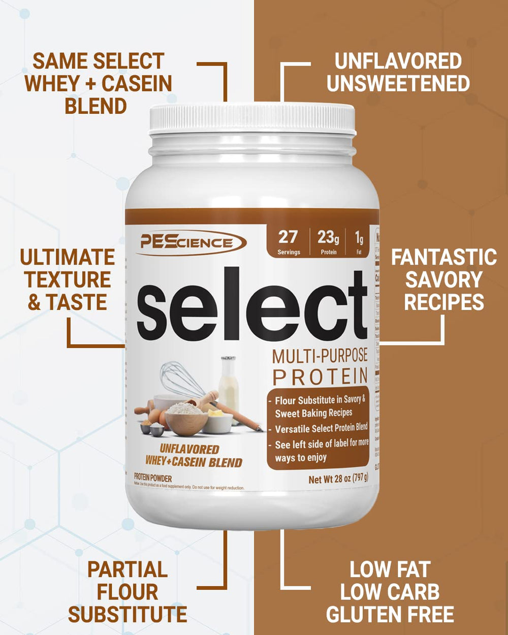 PEScience Select unflavored protein scoop pouring for easy mixing in beverages