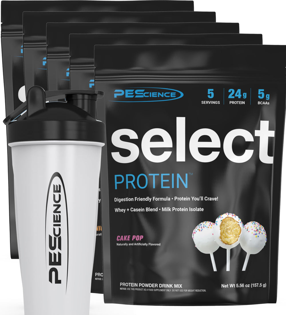 PEScience Select variety pack front label showing five flavors for versatile protein options.