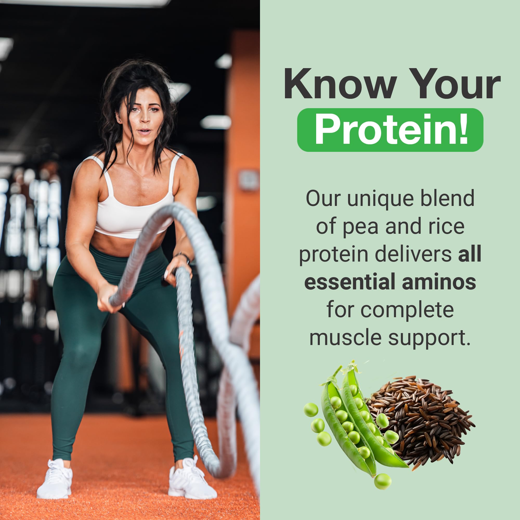 Close-up of ingredients highlighting pea and brown rice protein blend