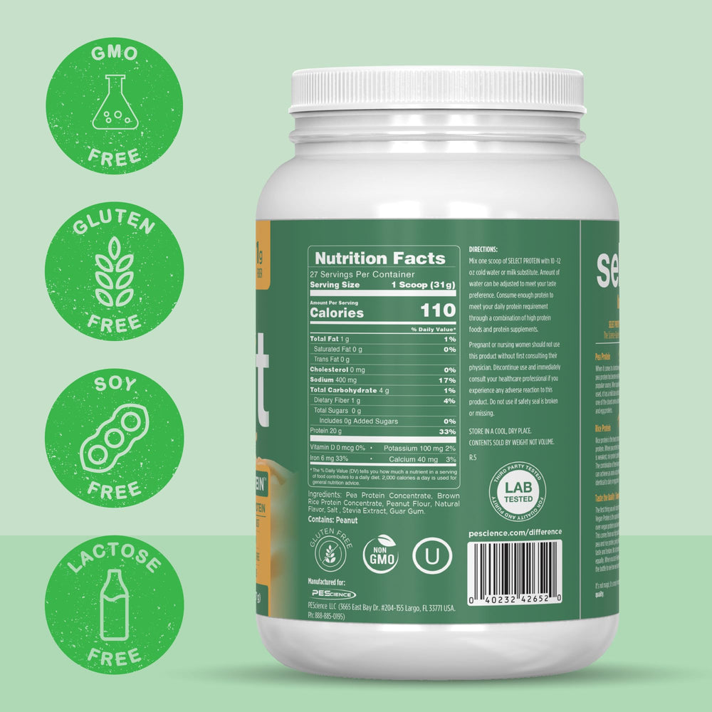 Dairy-free icon on PEScience Select Vegan Protein Powder packaging