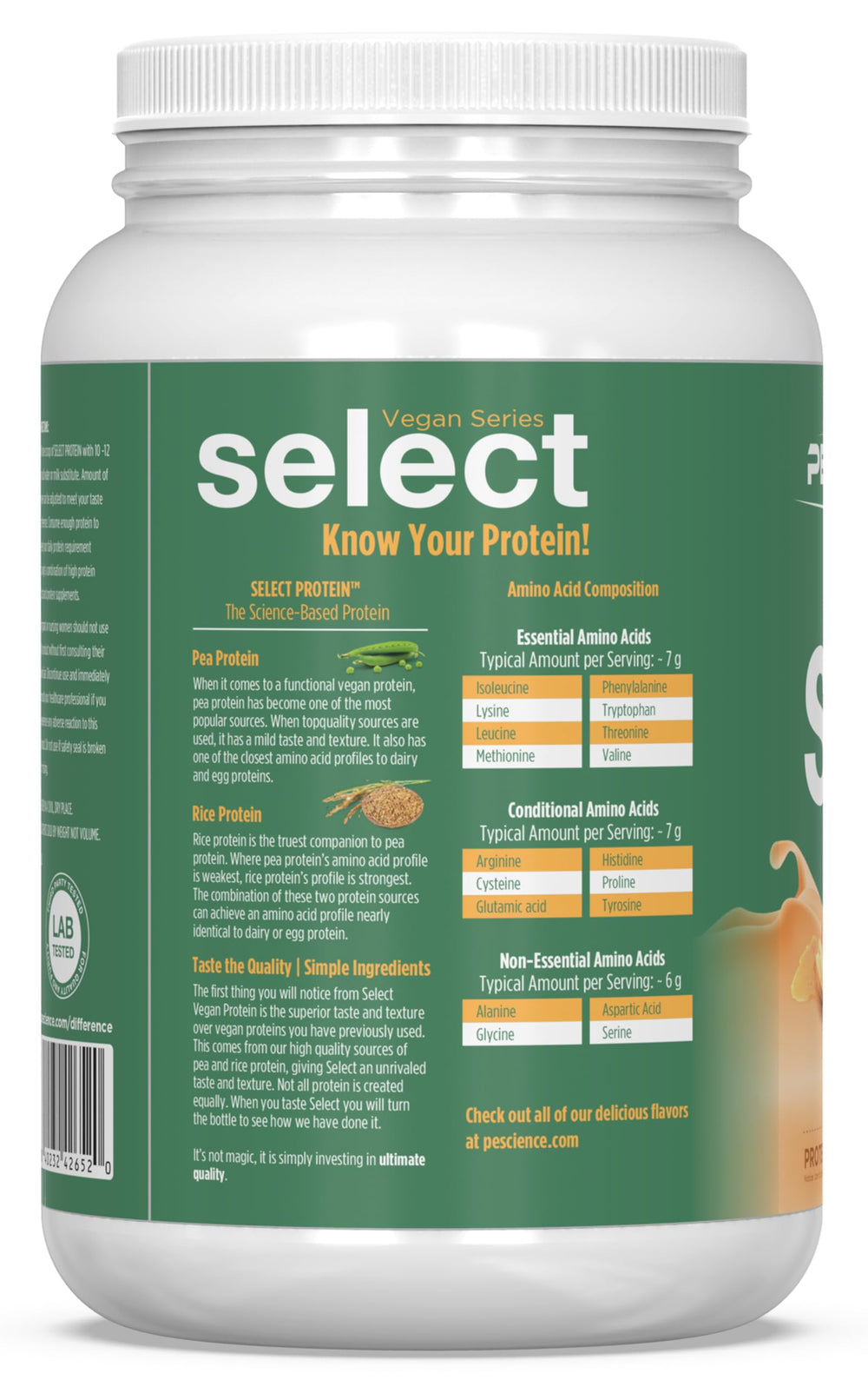 Third-party testing badge on PEScience vegan protein packaging