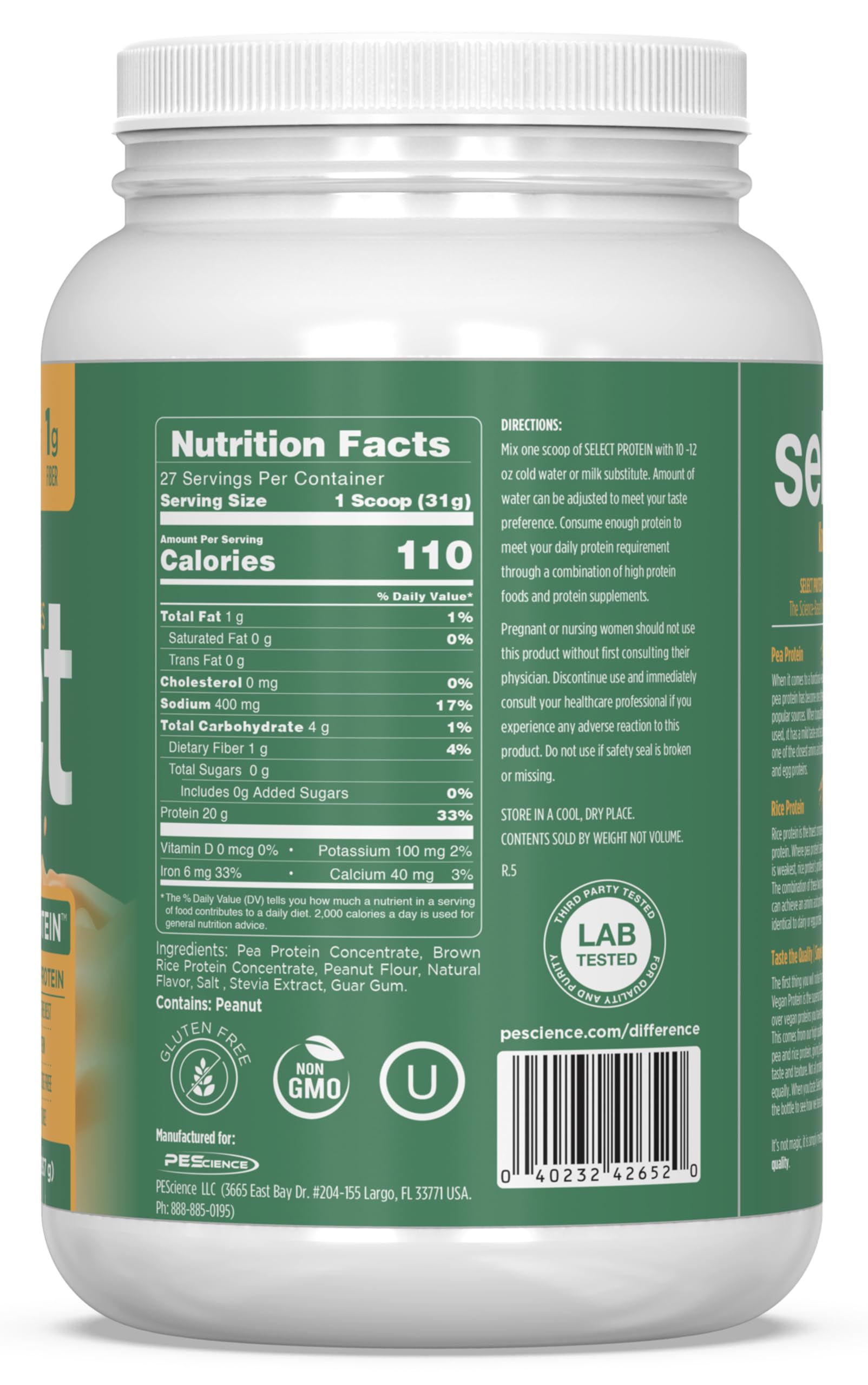 Dairy-free and gluten-free nutrition label on PEScience Select Vegan bag