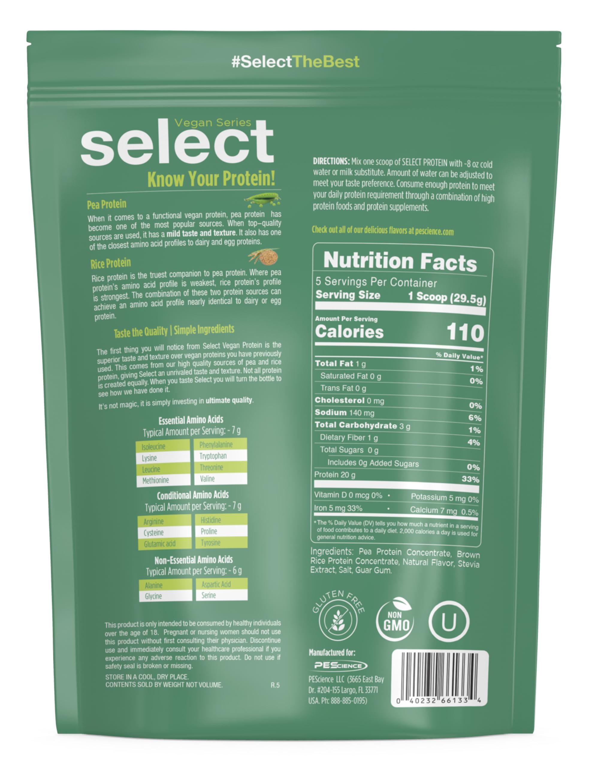 PEScience Select Vegan packaging emphasizes gluten-free and dairy-free formula