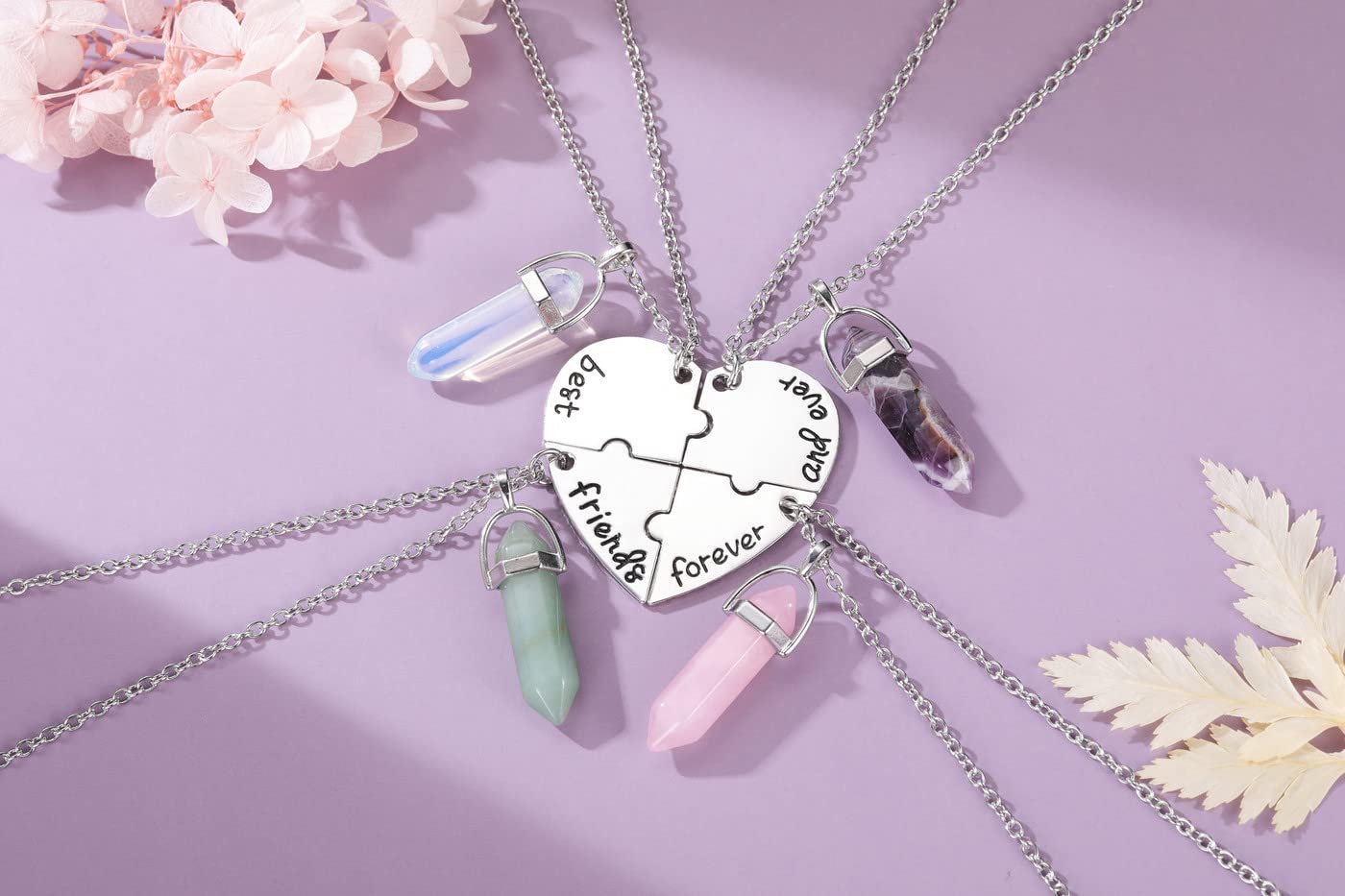 PESOENTH amethyst and rose quartz pendant highlighting calming style.