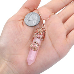 PESOENTH rose quartz pendant with rose gold flower wrap for elegant daily wear.