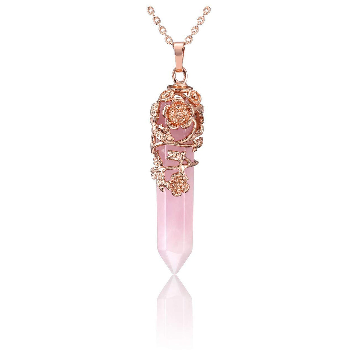 PESOENTH rose quartz crystal pendant with pointed hexagon and calm energy use case.