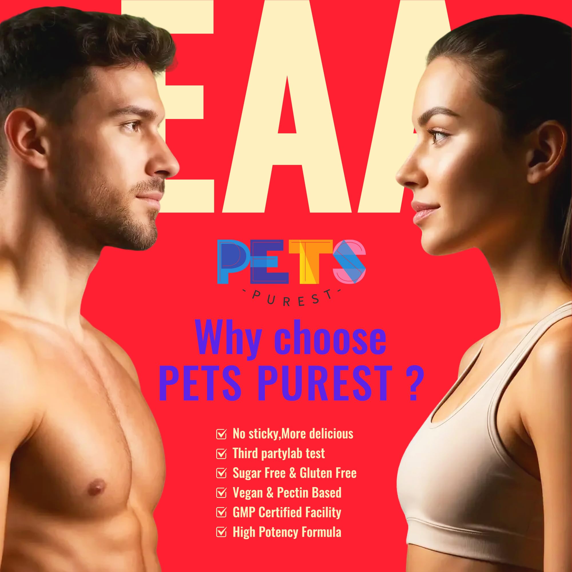 Pets Purest EAA Gummies bottle with glass illustrating serving size and routine
