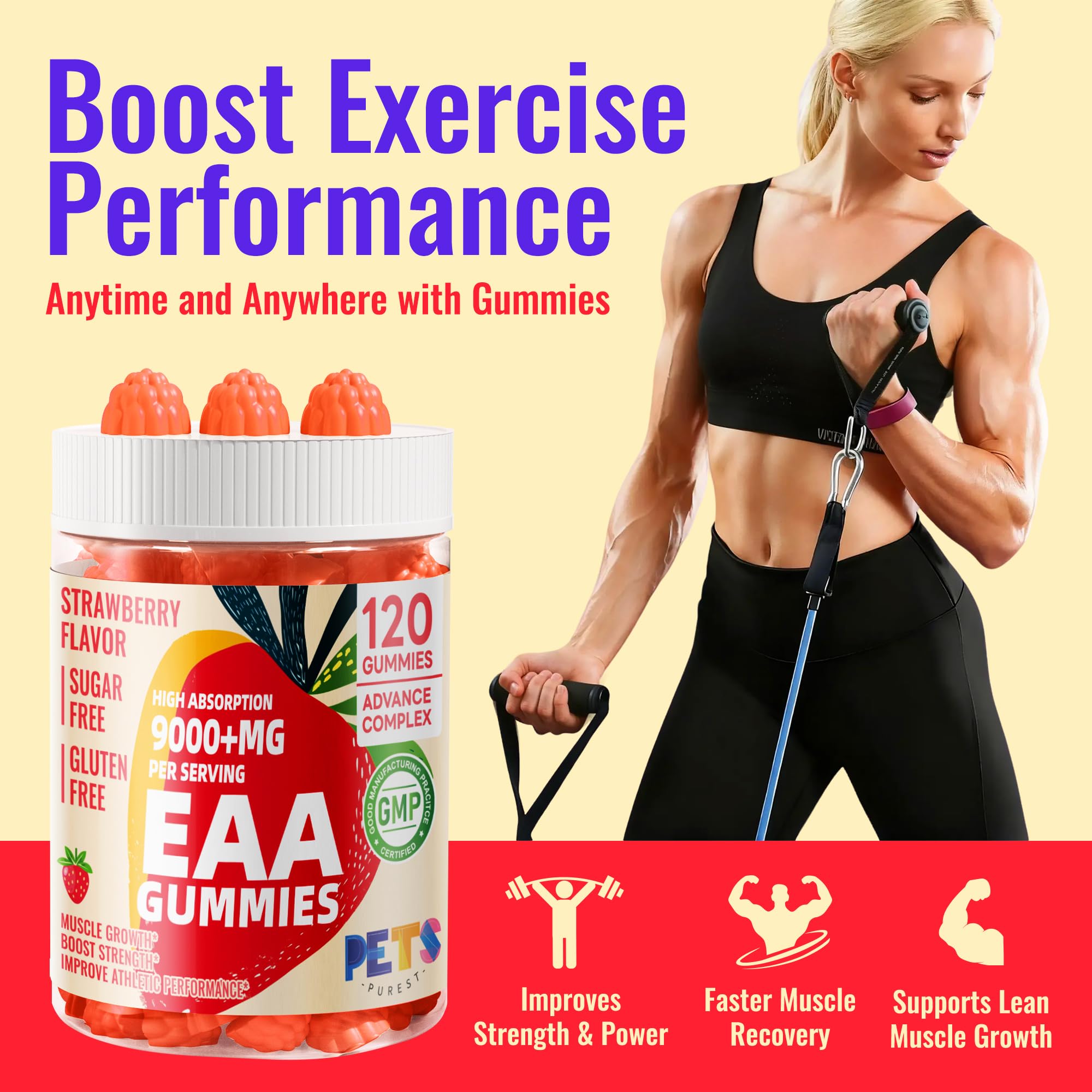 Pets Purest EAA Gummies gummies on spoon showing strawberry flavor