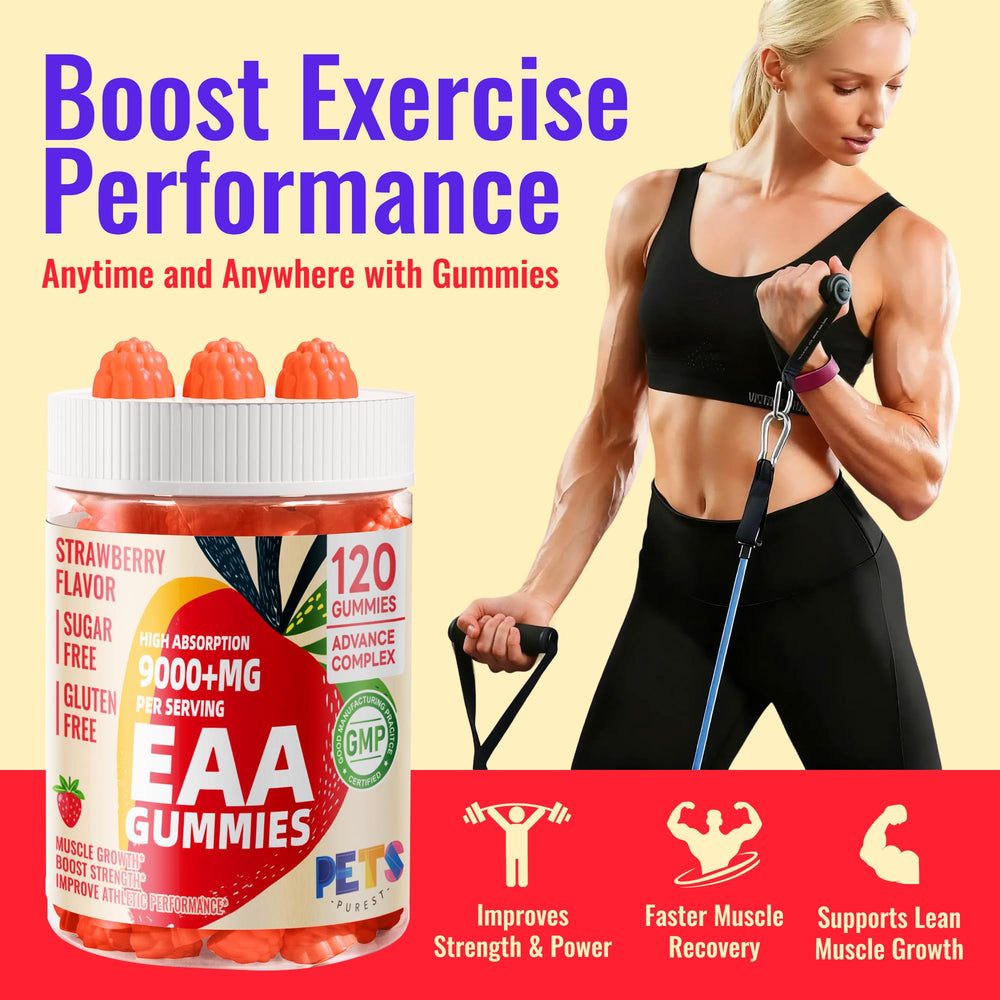 Pets Purest EAA Gummies gummies on spoon showing strawberry flavor