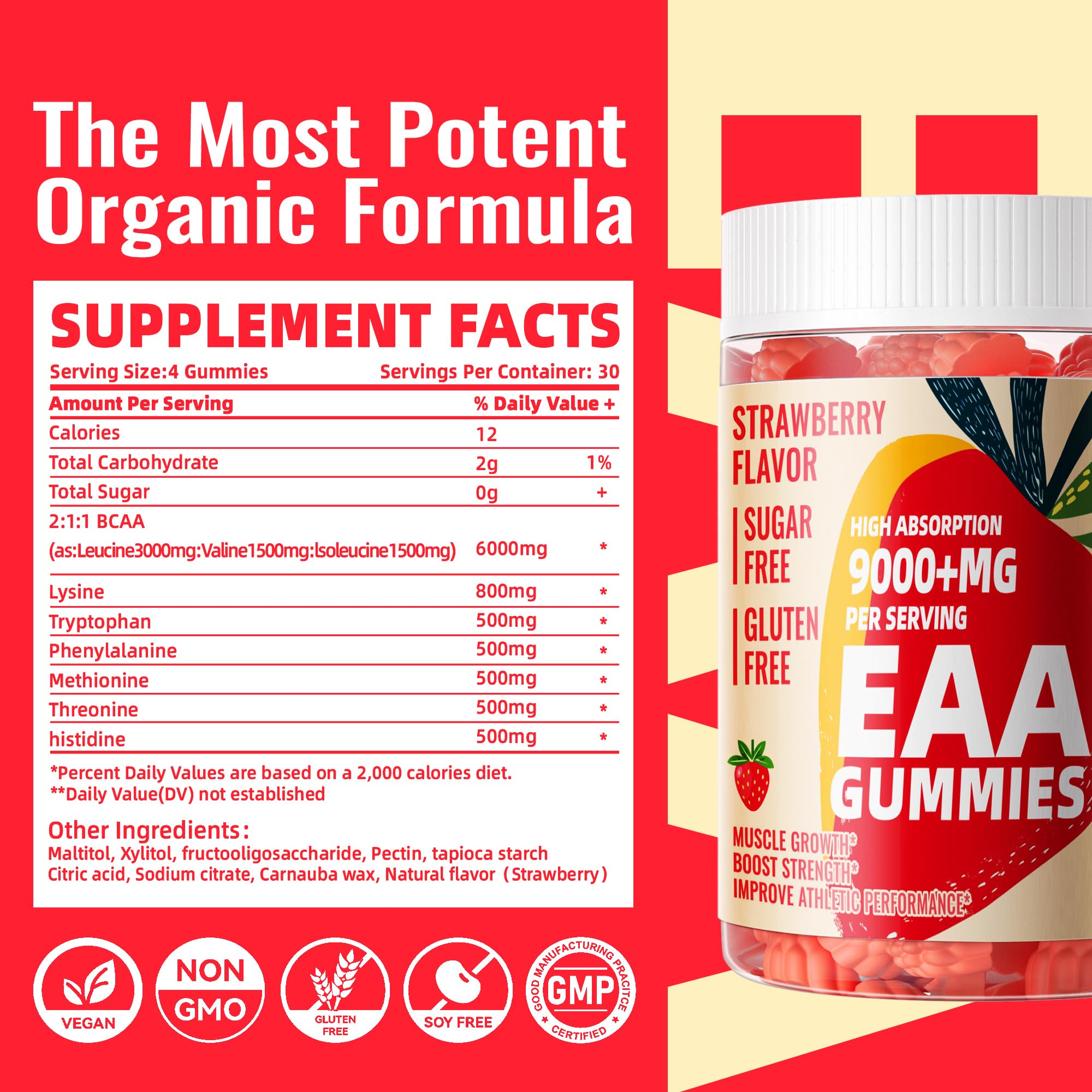 Pets Purest EAA Gummies ingredients chart highlights all nine EAAs and BCAAs