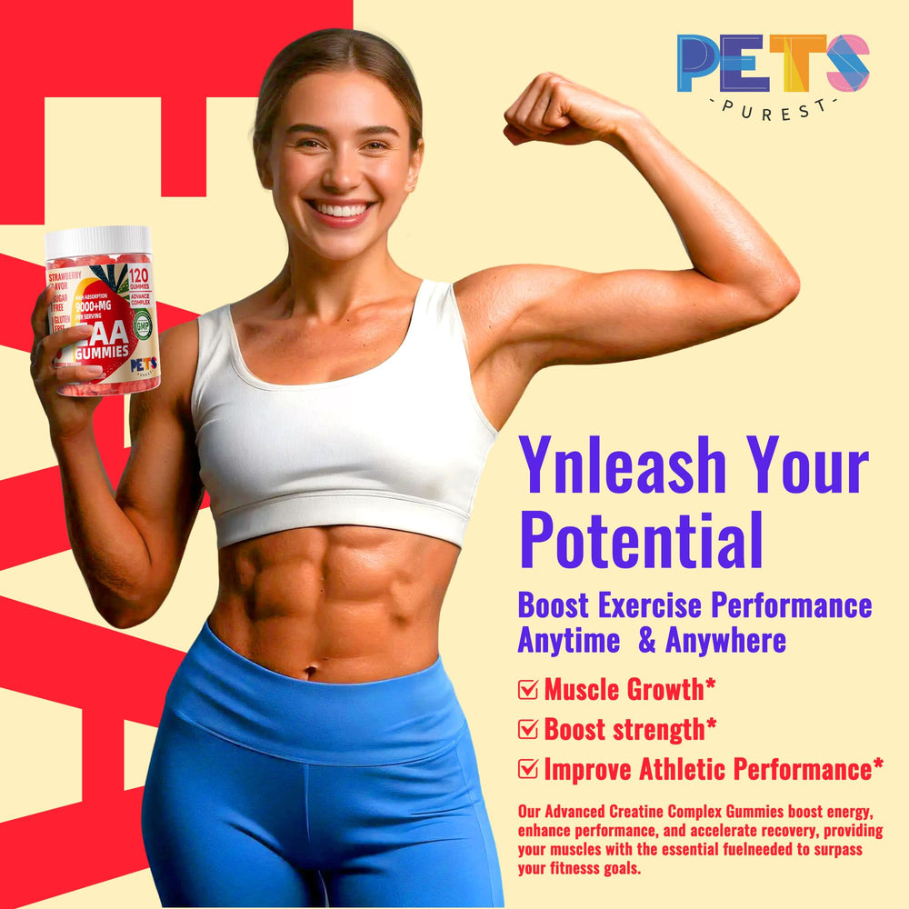 Pets Purest EAA Gummies non-GMO and gluten-free badge visible on label
