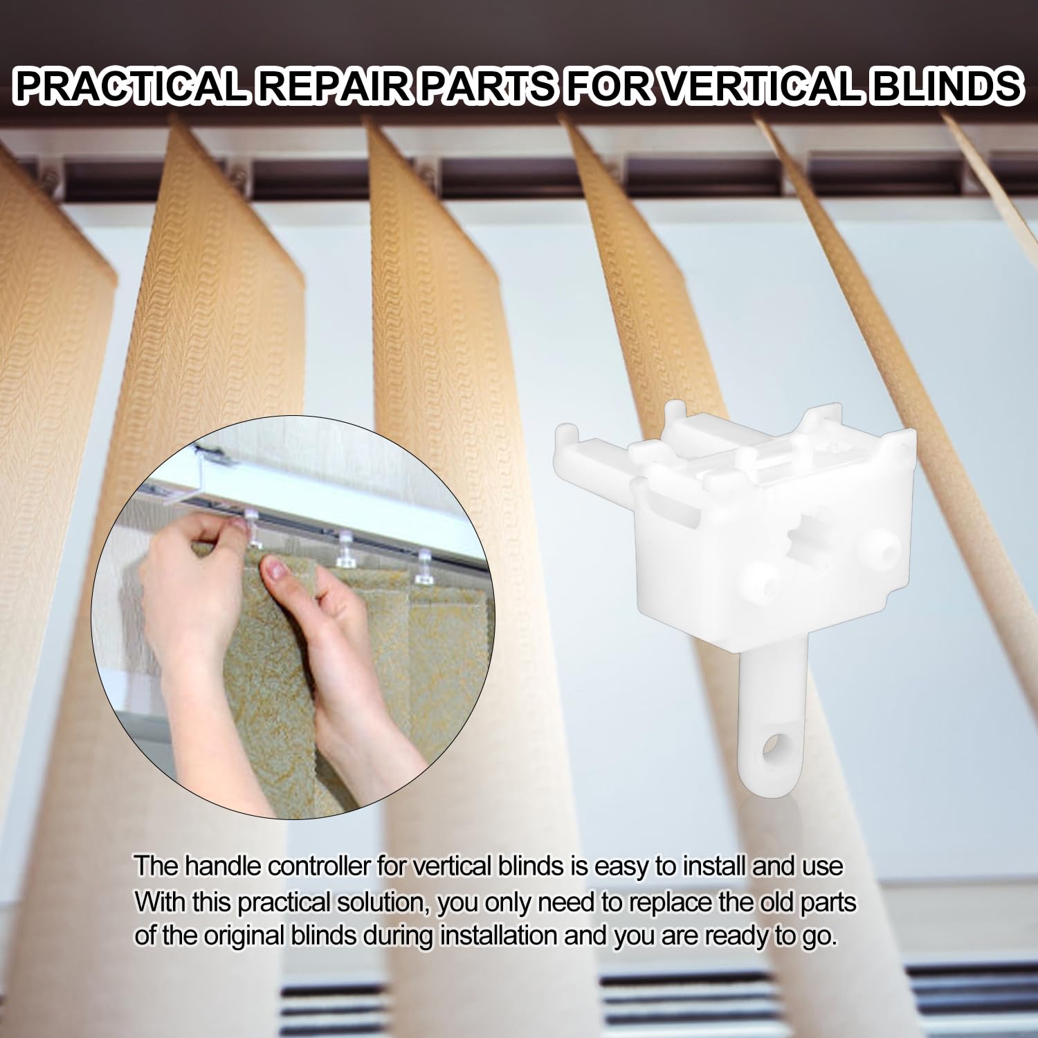 Two-piece pack provides spare parts for vertical blinds.