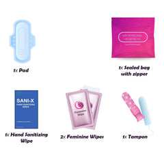 pH Advantage Pink Style kit contents displayed with tampon, pad, wipes, and sanitizer.