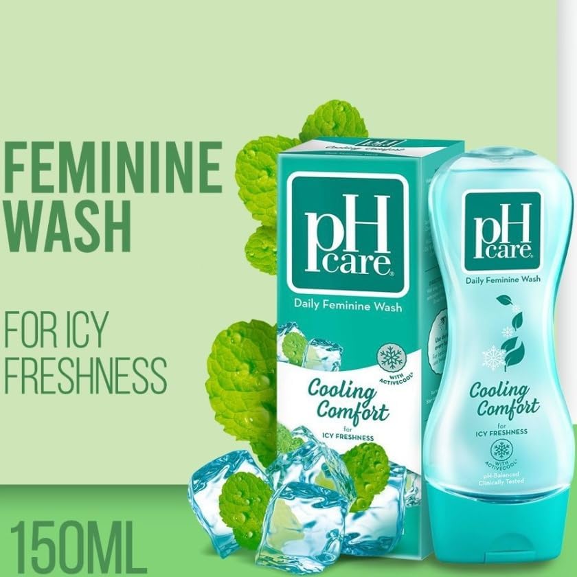The pH Care Intimate Wash Cold Wind on bathroom shelf suggests quick, convenient daily care.