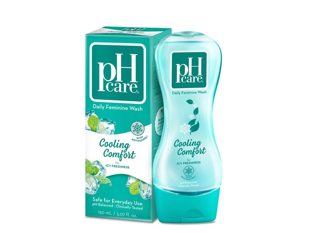pH Care Intimate Wash Cold Wind label close-up highlights cooling sensation and skin-friendly formula.
