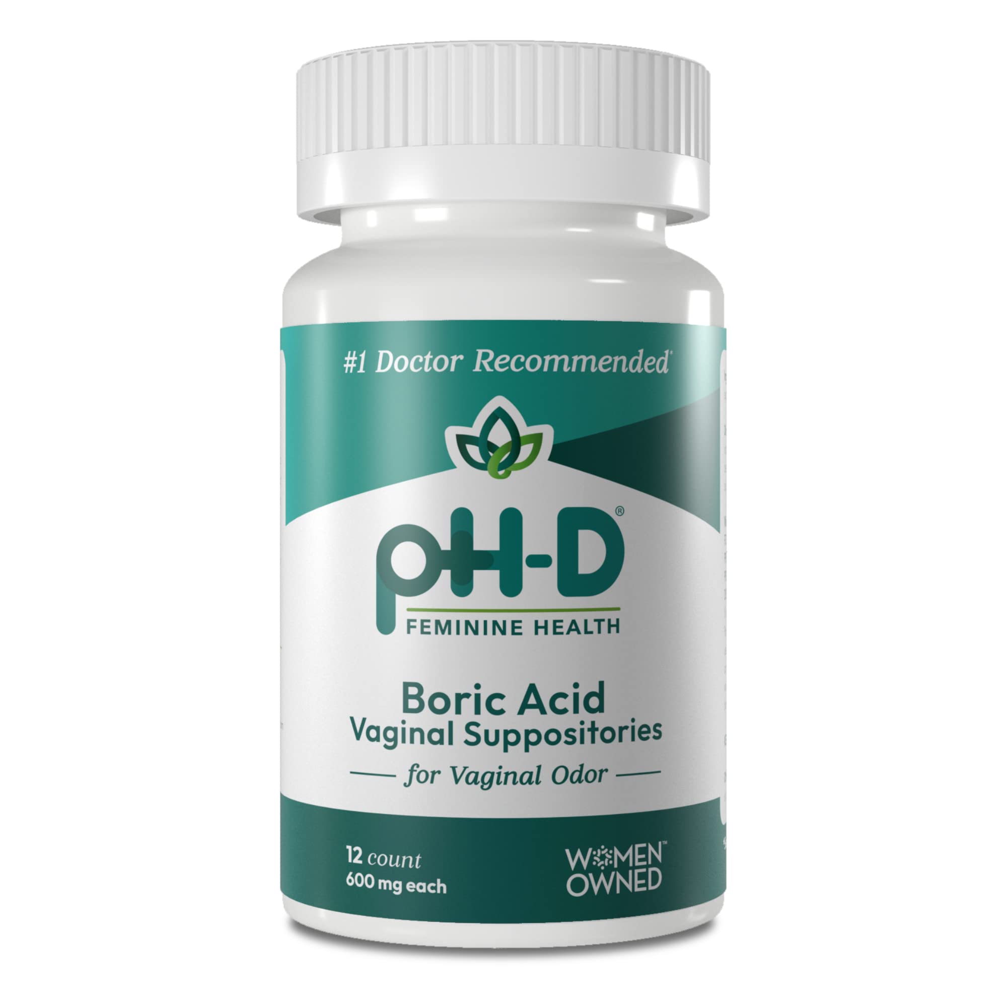 PH-D boric acid suppositories bottle highlights doctor-recommended vaginal support.