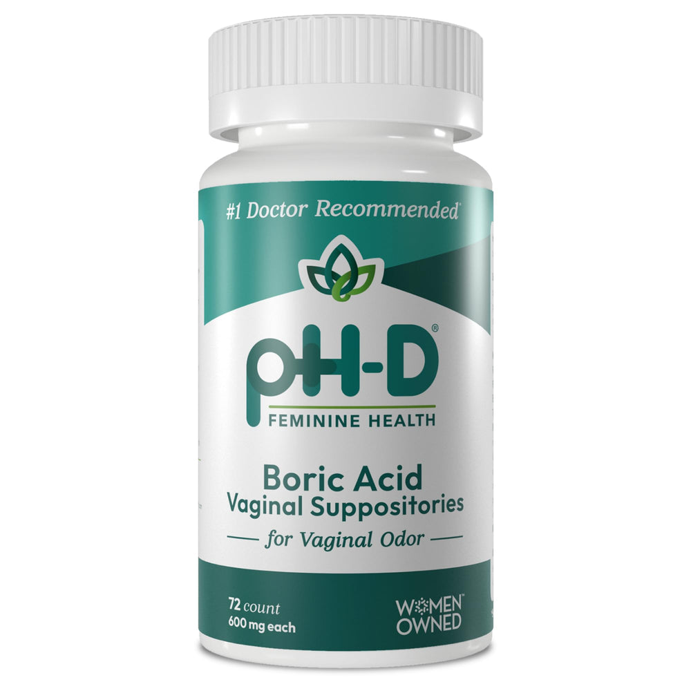pH-D Boric Acid Suppositories 72-count packaging front view for odor support.