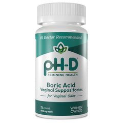 pH-D Boric Acid Suppositories 72-count packaging front view for odor support.