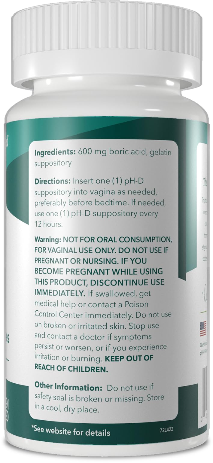 pH-D Boric Acid Suppositories produced in USA manufacturing facility.