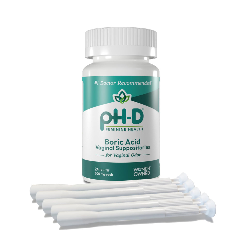 pH-D boric acid vaginal suppositories 24-count on shelf for balanced vaginal comfort