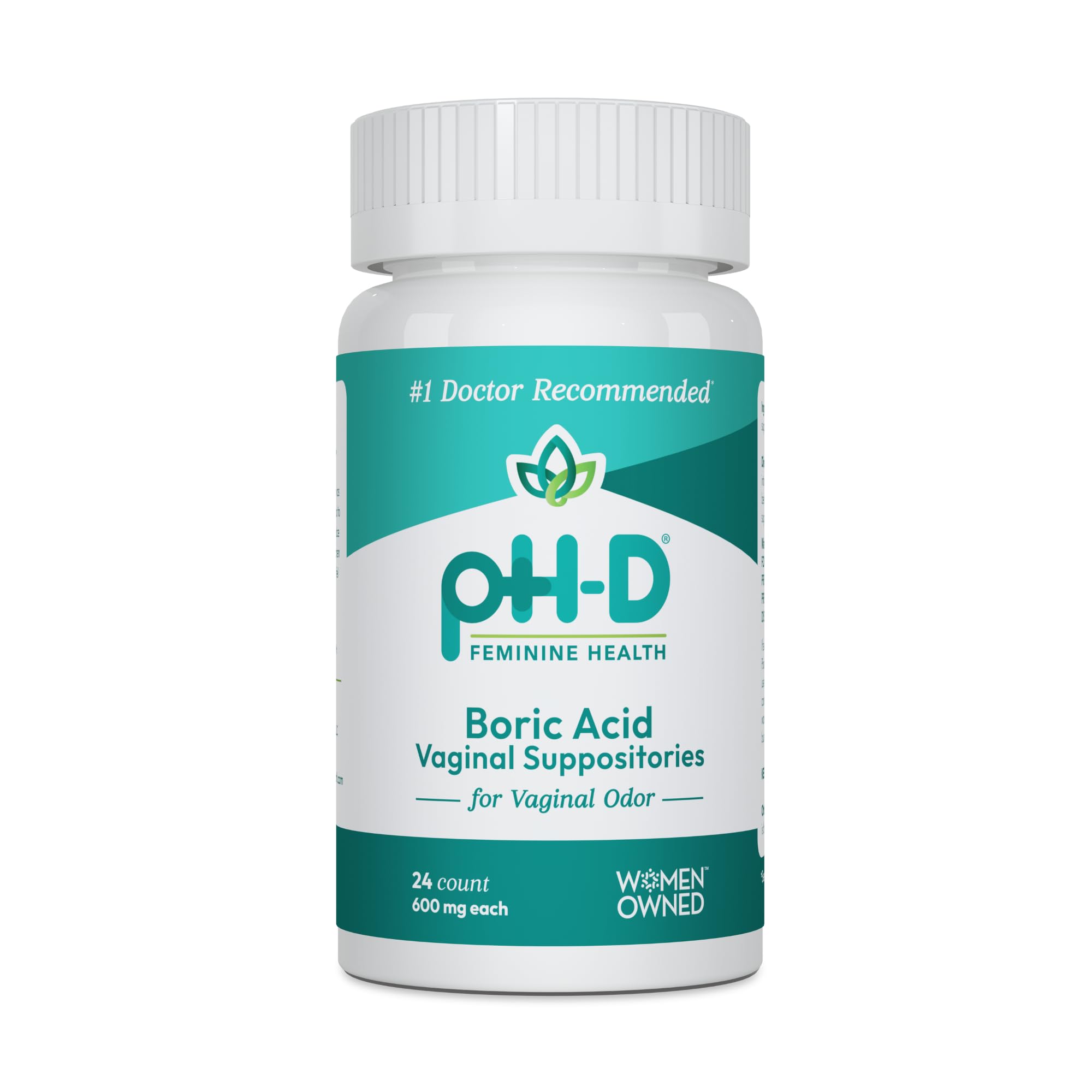 pH-D Feminine Health 600 mg boric acid suppositories packaging front for odor support.