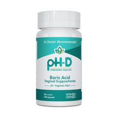 pH-D Feminine Health 600 mg boric acid suppositories packaging front for odor support.