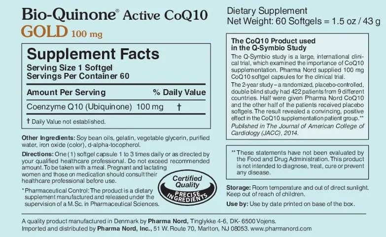 Label emphasizes pharma-grade CoQ10 and non-GMO ingredients