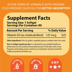 Closeup of D-Pearl softgels showing olive oil base for enhanced absorption.
