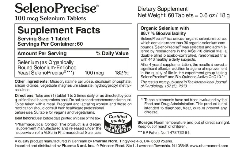 Pharma Nord SelenoPrecise tablets close-up showing vegan formulation and clean ingredients.