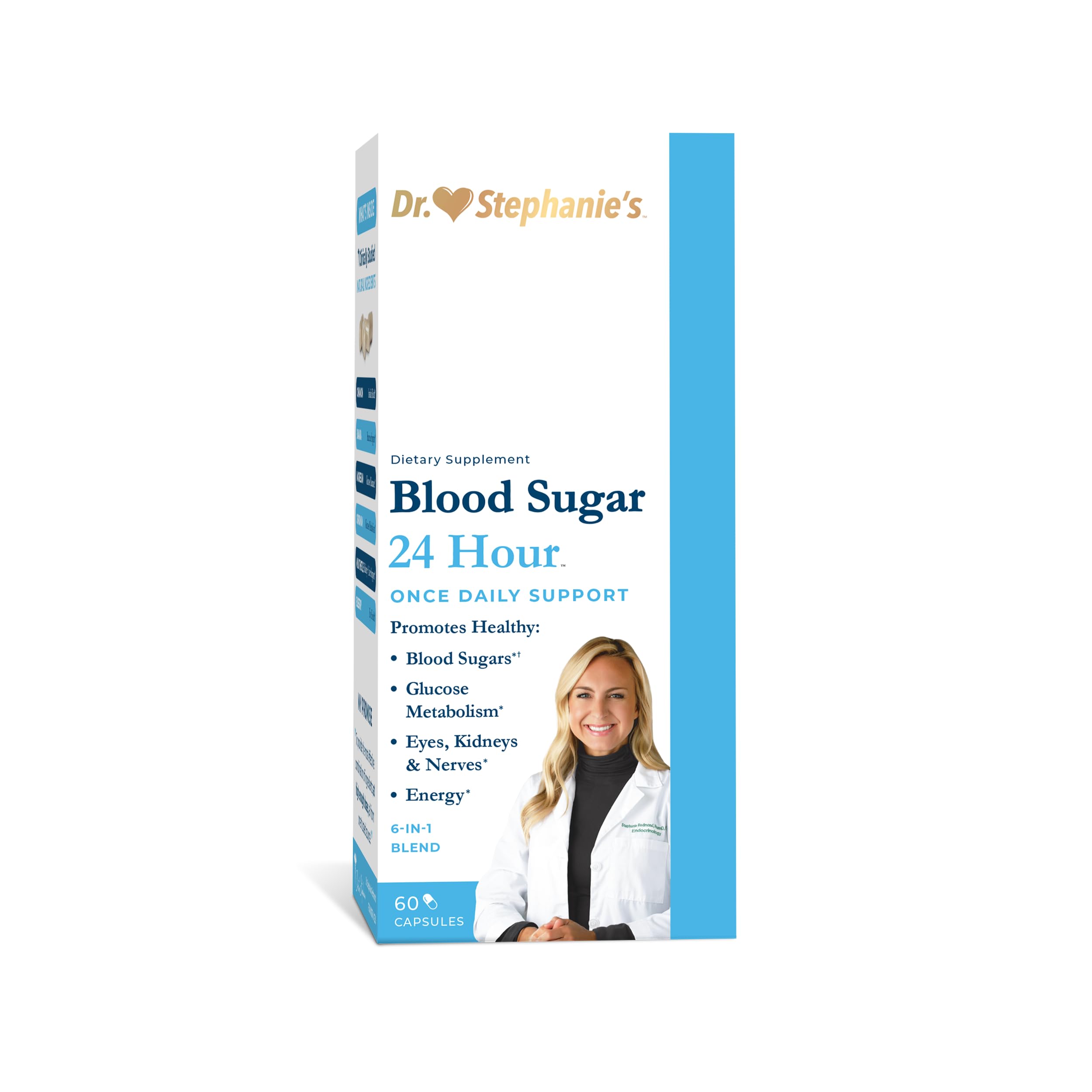 Pharmaganics Blood Sugar 24 Hour front label showing cinnamon and banaba for daily wellness.